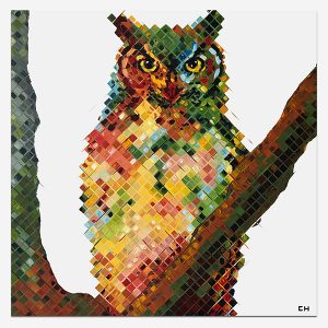 Atlanta artist Charlie Hanavich Colorful owl painting, barred, Owl